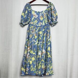 JAASE Floral Midi Dress Boho Gypsy Blue Dusk Summer Lace Flare Peplum Stretch
